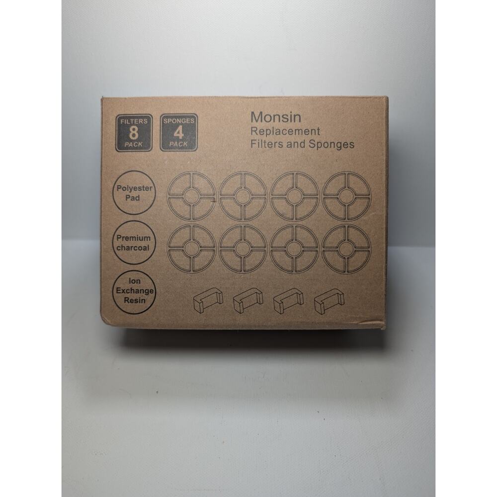 Monsin Pet Water Fountain Filters 8 Pack + 4 Sponges Charcoal Resin New